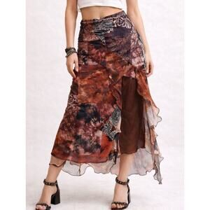 Y2K Fairy Grunge Asymmetrical Sheer Midi Skirt Small Brown Indie Sleaze Festival